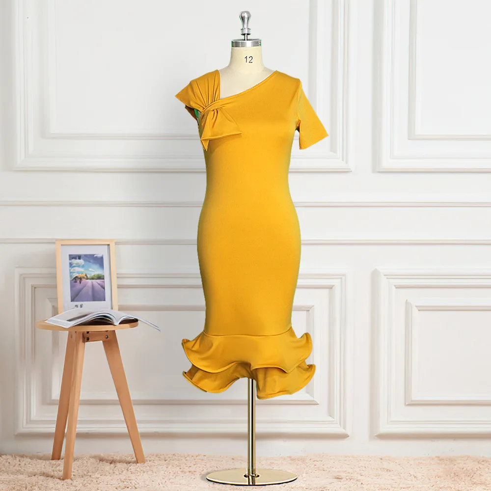 Оранжевое платье с оборками и русалкой асимметричный бант Коктейльные Вечерние