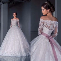 janevini ball gown lace wedding dresses in dubai bridal gowns long sleeve off shoulder beaded button back 2020 beach bride dress