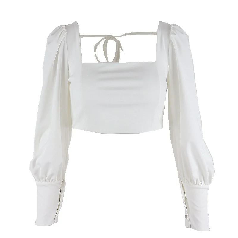 

KUSHAIKI Sexy Square Collar High Waist Short Tops Blouse Bow Tie Backless Women Shirt 2021 Spring New Crop Top Blusas 6E657