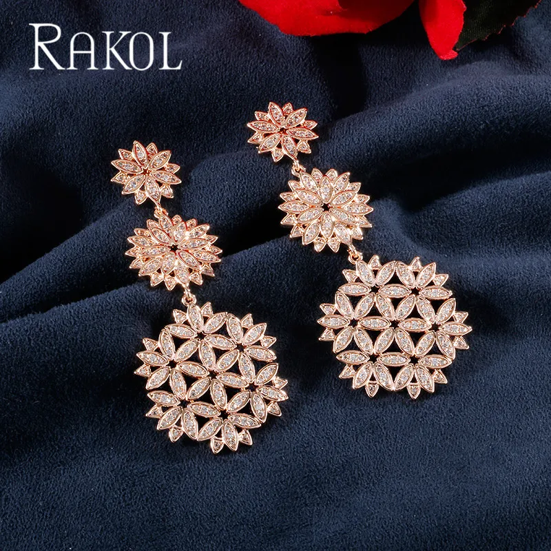 RAKOL элегантные серьги-подвески с цветами из кубического циркония для невесты, розовое золото, романтическое ювелирное изделие с микро покрытием из кристаллов RE12137K