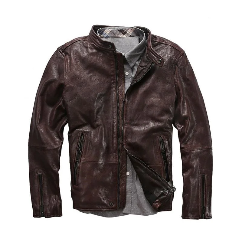 

2021 New Spring and Autumn Stand Collar Brown Casual Leather Men's Motorcycle Vegetable Tanning Ggoat Skin Jacket