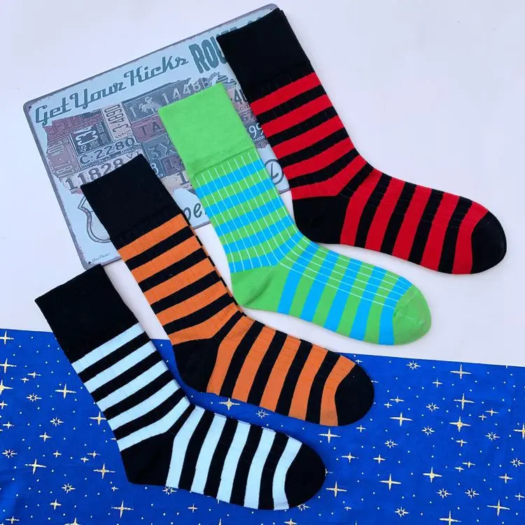Stripe Yarn Stocking Knit Black Orange Contrast Red Green