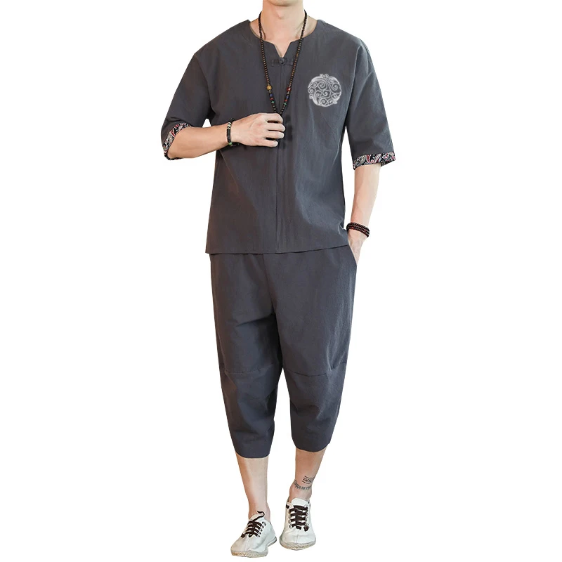 

Мужской комплект из 2 предметов, льняной спортивный костюм, традиционная китайская укороченная блузка и шорты, для лета