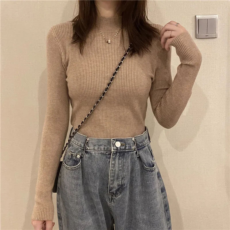 Свитер с длинным рукавом новинка 2021 пуловер облегающий Топ рубашка полувысоким