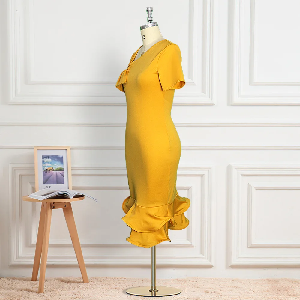 Оранжевое платье с оборками и русалкой асимметричный бант Коктейльные Вечерние