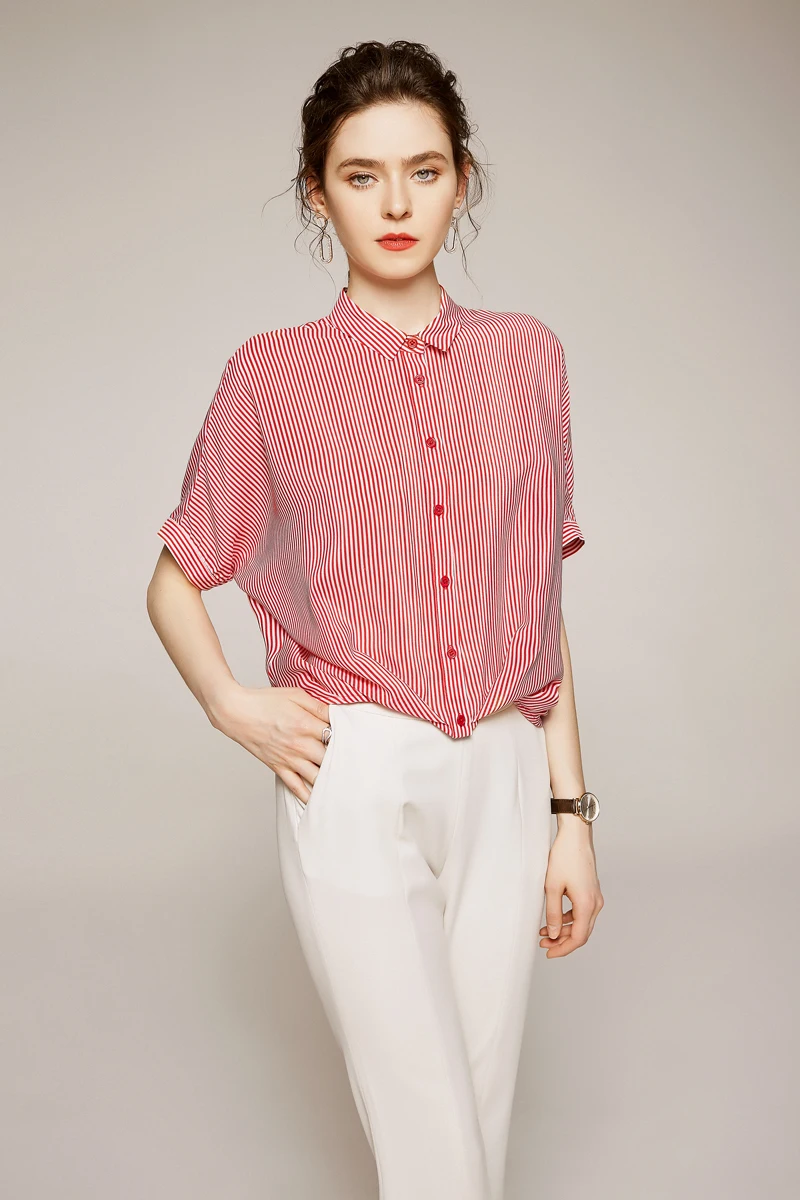 Женская рубашка из 100% шелка с отложным воротником и короткими рукавами в полоску