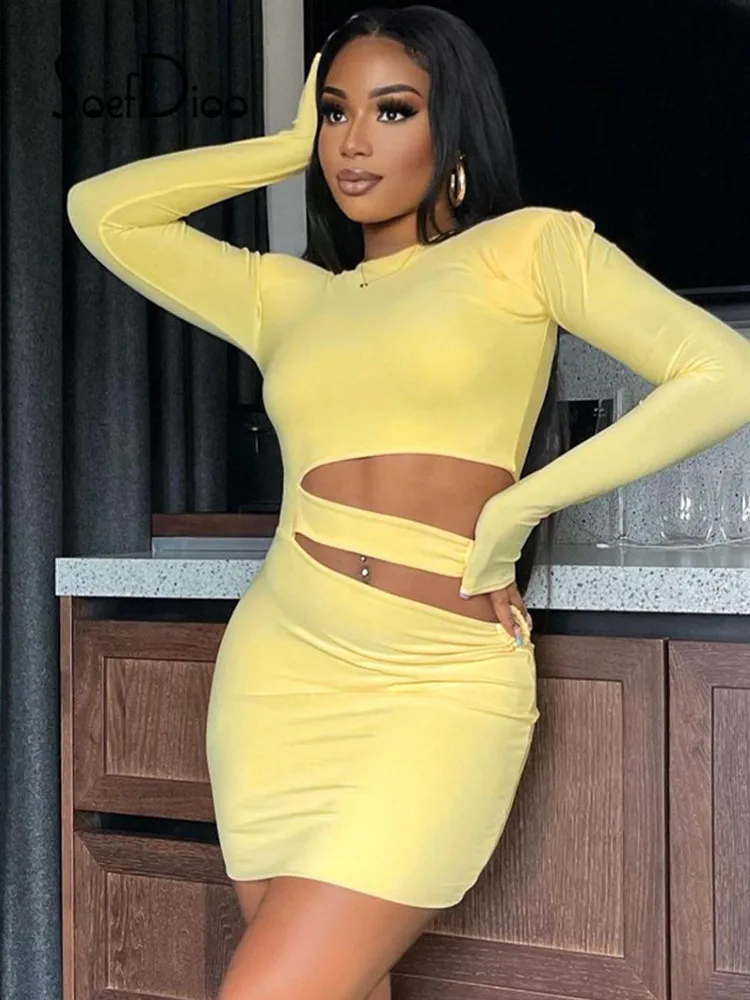 

Soefdioo Women Yellow Dresses Sexy O Neck Long Sleeve Hollow Out Bodycon Mini Dress Streetwear Fall 2021 Elegant Party Clubwear