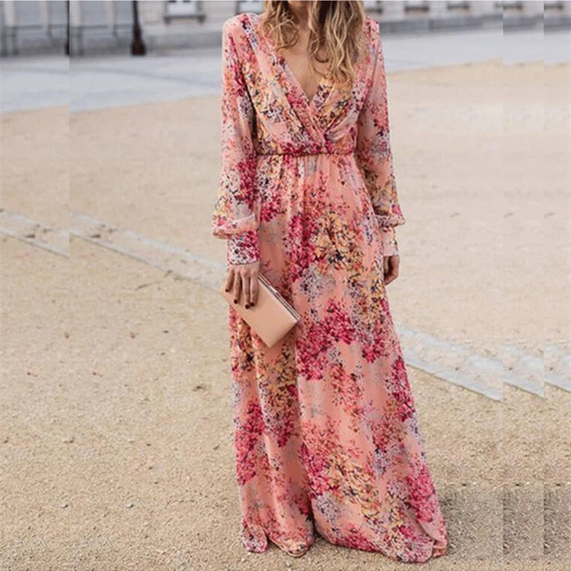 

Sexy V-neck Printed Long Skirt Spring And Autumn Women's Long Skirt 2021 Fashion Ladies Simple Floral Long Sleeve Party Dress