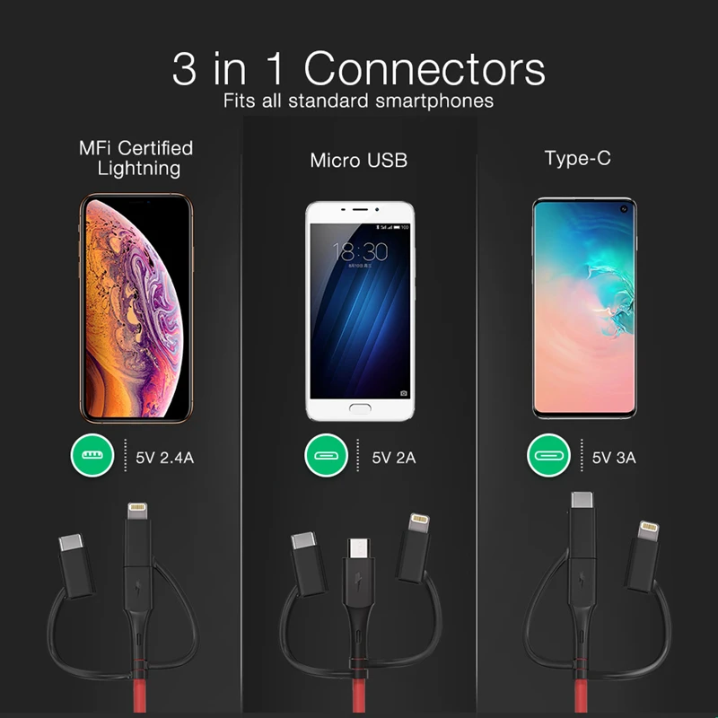 BlitzWolf MT4 3 в 1 type C+ Lightning+ Micro USB кабель для передачи данных с MFI сертифицирован для samsung Xiaomi для iPhone 11 X Max