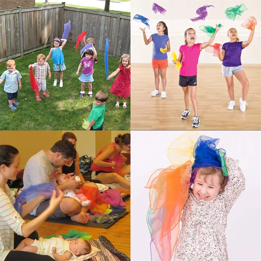 12Pcs Kids Square Scarf Outdoor Game Sports Toy Juggling Silk Dance Scarves Toys For Children Performance Props Accessories |