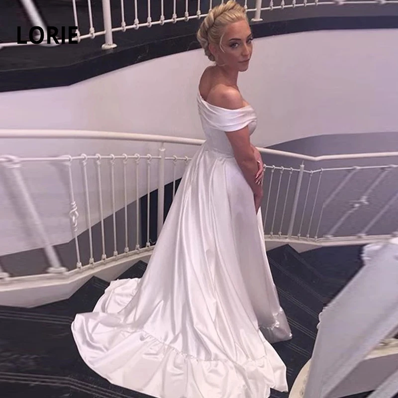 Простой дешевый Элегантный атласный свадебный наряд LORIE с открытыми плечами и