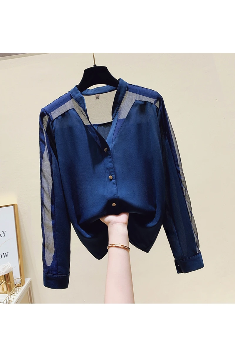 

SuperAen Spring 2021 New Fashion Mesh Patchwork Shirt Solid V Neck Full Chiffon Womens Tops
