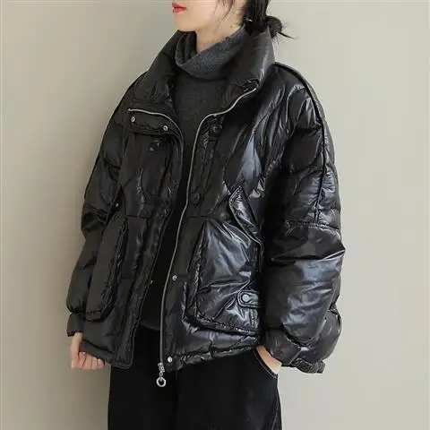 

Oversize Winter Down Coats Women Loose Stand-up Collar Parkas Coat Womens Warm White Duck Down Jackets Short Big Pocket Outwear