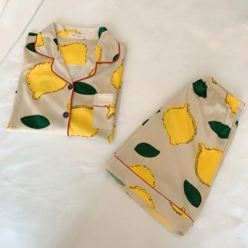 

Summer 2 Pcs Pajamas Suit For Women Lapel Short Sleeves Top Shorts Ladies Sleepwear Set Cute Cartoon Print Home Wear