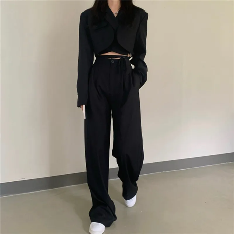 

New Chic Women’s Crop Top Sexy Lace-up Blazer Coat&High Waist Long Pants Suits Office Female Streetwear Sportswear Two Piece Set