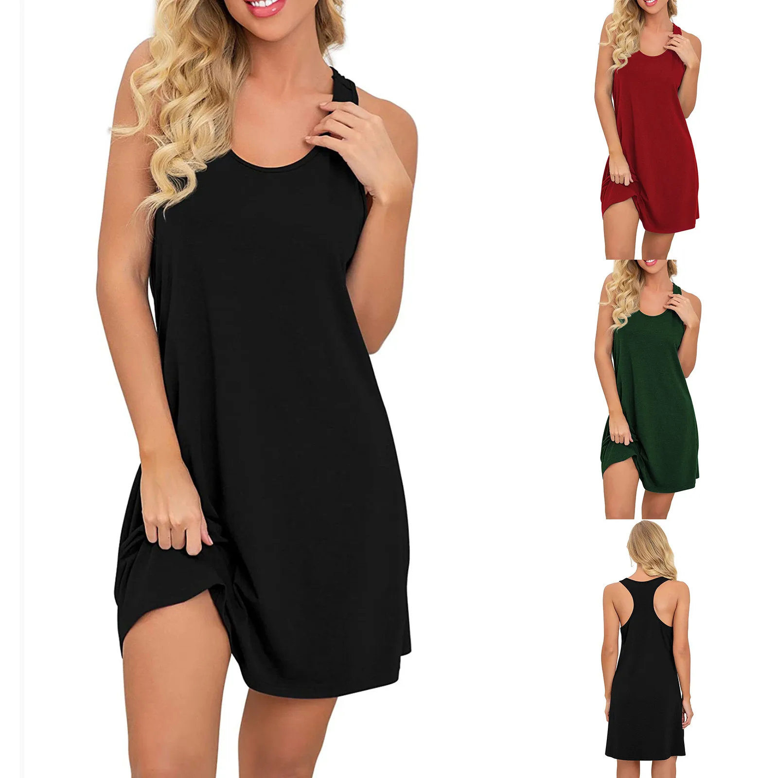 

Sexy Women Summer Strapless Dress Solid Color Round Neck Nightdress Sleeveless Casual Vintage Black Sheath A-Line Sundress