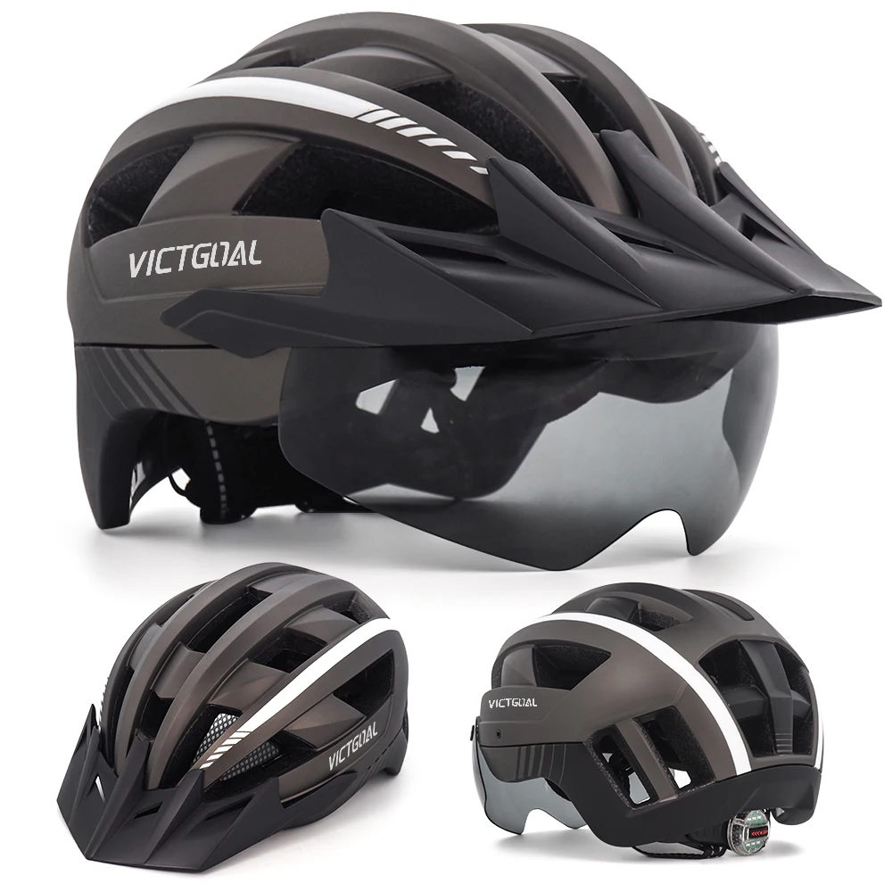 Велошлем VICTGOAL с защитными очками для мужчин, задним светодиодным фонарем и солнцезащитным козырьком для женщин, для велосипедного спорта MTB по дороге.