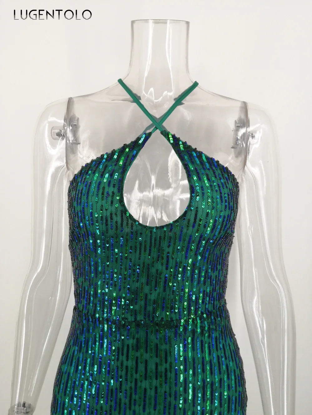 

Lugentolo Party Women Dinner Dress Sexy Backless Vintage Sequined Bandage New Dress Split Slim Solid Lady Dinner Maxi Dresses