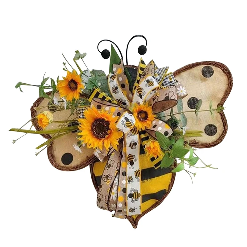 

Artificial Sunflower Bees Wreath Spring Wreath with Yellow Sunflower and Green Leaves Front Door Wreaths Home Decoration