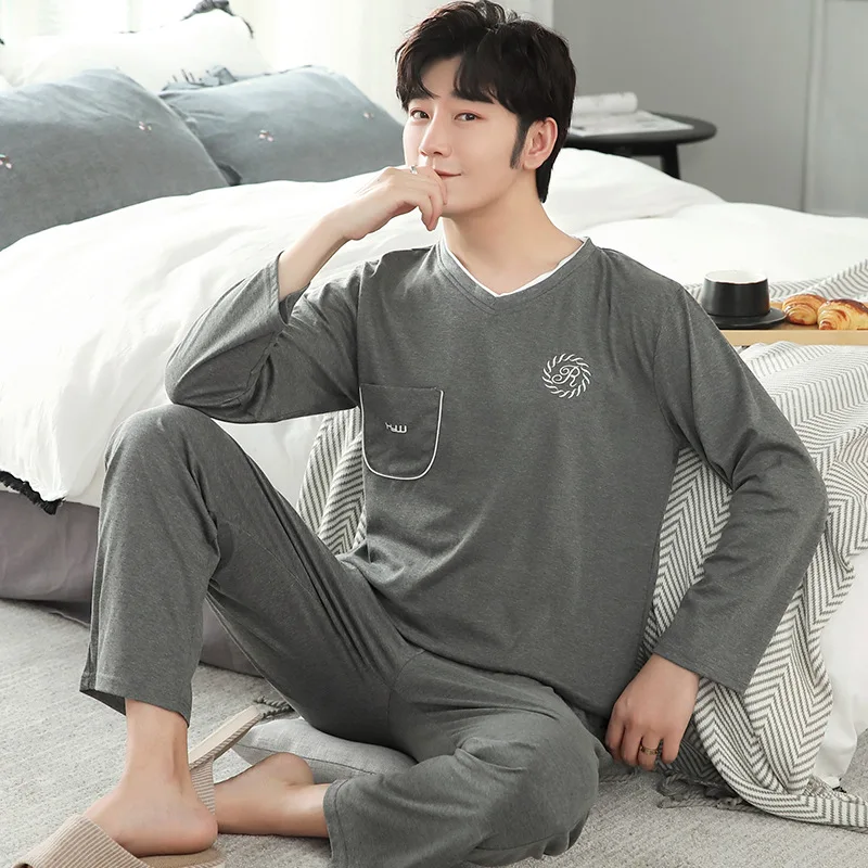 

Pajamas male autumn long sleeves pure cotton pure color men