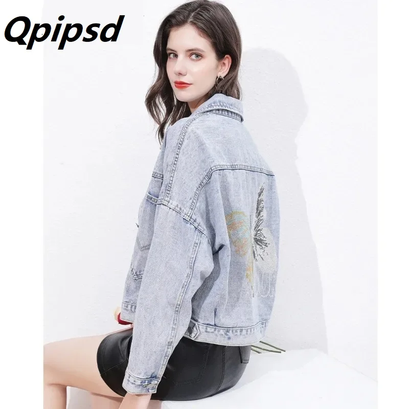 

Women Denim Coats 2022 Autumn Solid Versatile Lapel Long-Sleeved Denim Jacket Korean Fashion Butterfly Embroidery Short Coats