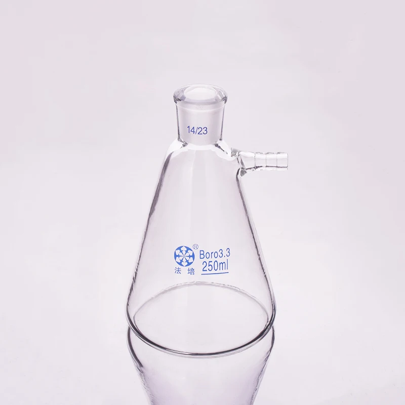 Filtering flask with side tubulature,Capacity 250ml,Ground mouth 14/23,Triangle flask with tubules,Filter Erlenmeyer bottle