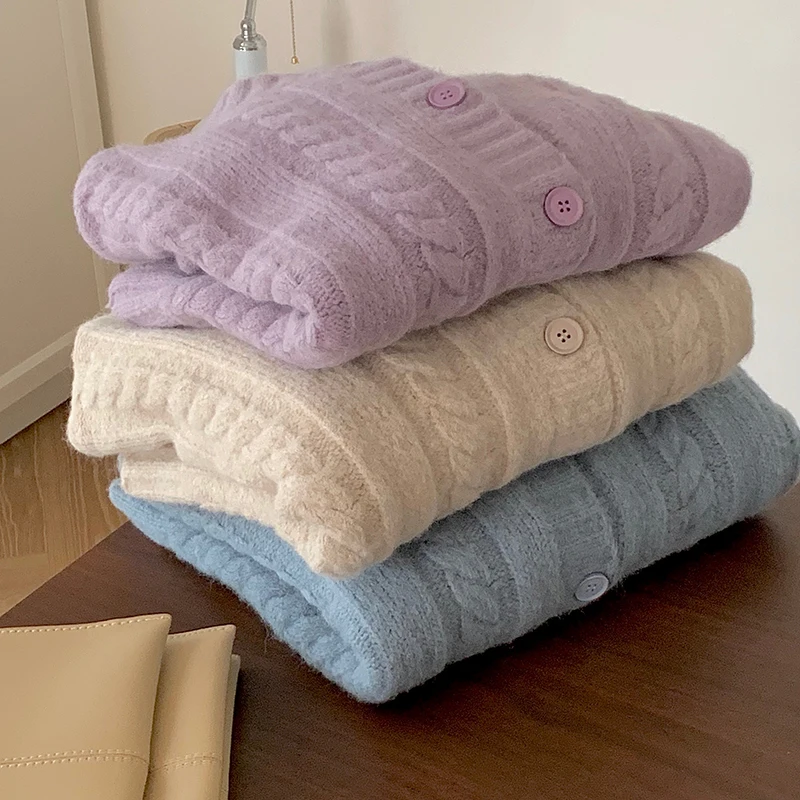 

Fashion Simple Soft Twist Sweaters Cardigans for Women Loose Warm Solid Color Knitting Top Female Pullover Long Sleeve Casual