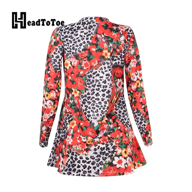 

Floral Leopard Print Colorblock Casual Dress Women Long Sleeve V Neck Above Knee Dresses