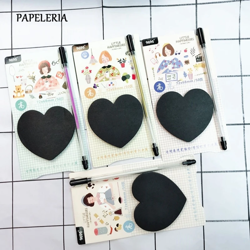 Черные Липкие заметки с флуоресцентной ручкой набор Kawaii Канцелярские Липкие заметки милые наклейки планировщик блокнот школьные принадлежности