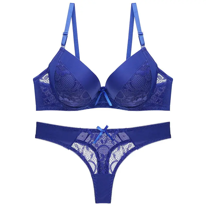 Синий Julexy New Hollow out sexy tongs Women Bra Set B C Cup Intimates Lace G string Underwear Set Solid Sexy Bra And Panty Sets - Цвет: Синий