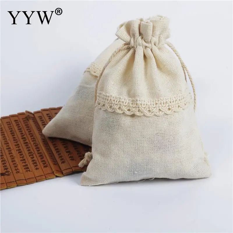10PCs/Lot Cotton Drawstring Bag With Lace Durable Hardwearing Practical Beige Small Gift Jewelry Container 10x14cm 13x18cm | Украшения и