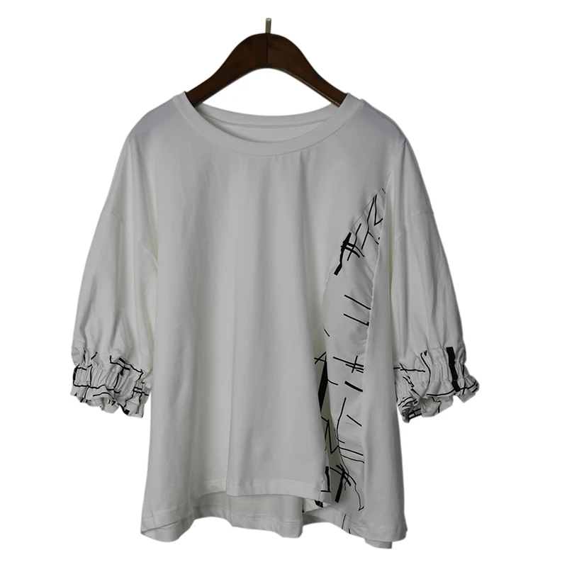 

210308 Women Summer Short Sleeve T-Shirt 2021 Pullover Print Geometric Patchwork Loose Elegant Tee Tops