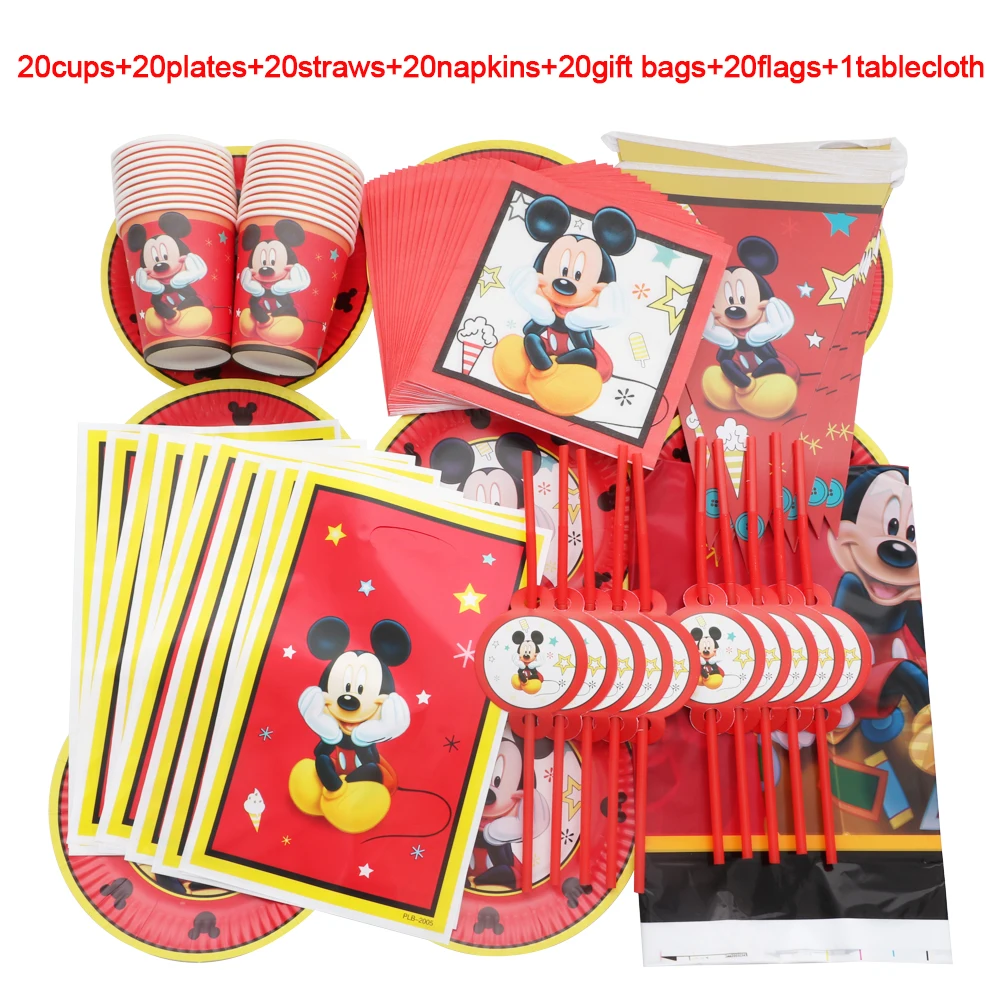 

Disney Mickey Mouse Birthday Balloon Decoration Party Disposable Tableware 121/60/20Pcs Cup Napkin Tablecloth Spoon Baby Shower