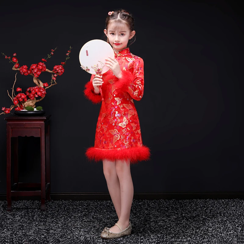 Красное шелковое атласное платье Чонсам для девочек принцессы свадебвечерние