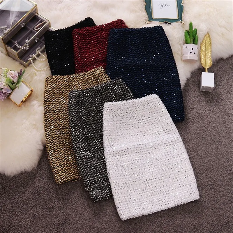 

Sexy Bling Women Skirt Gold Sequin Mini Skirt OL Bodycon Pencil Skirt Short Wrap Skirt High Elastic Korea Empire Streetwear 45cm