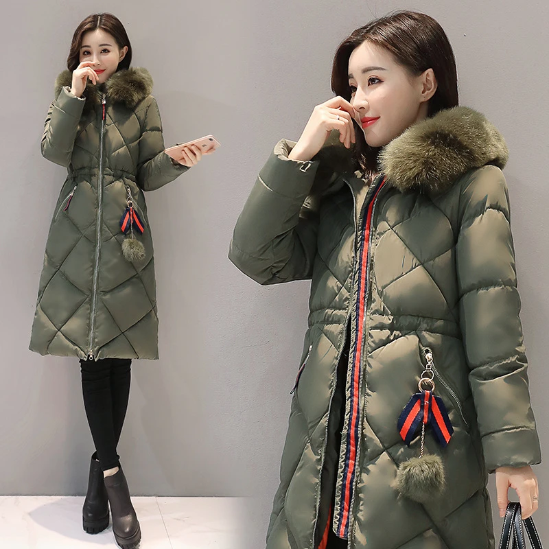 

Thicken large fur collar large size cotton Korean stitching slim slimming winter coat down jacket cotton women's long section