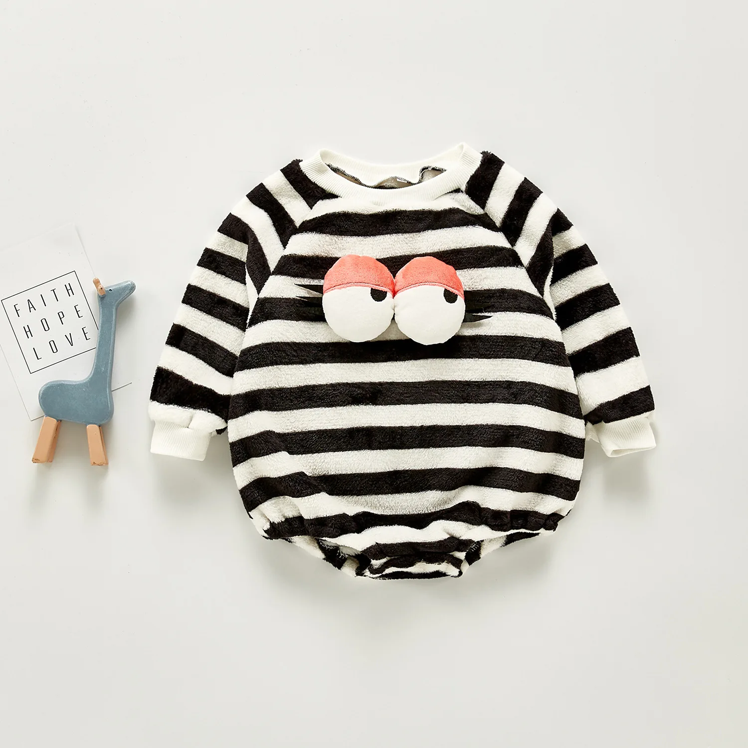 

Winter New Baby Romper Long-sleeved Crawl Clothes Cute Little Eyes Striped Boy and Girl Baby Outing One-piece
