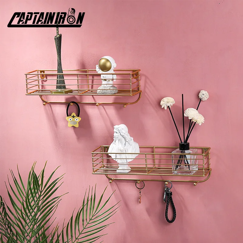 

CAPTAINIRON Decorative Wall Shelf Iron Wall Hanging Shelves With Hooks for Key Hoder Bathroom Accessories Metal Nodic Home Decor
