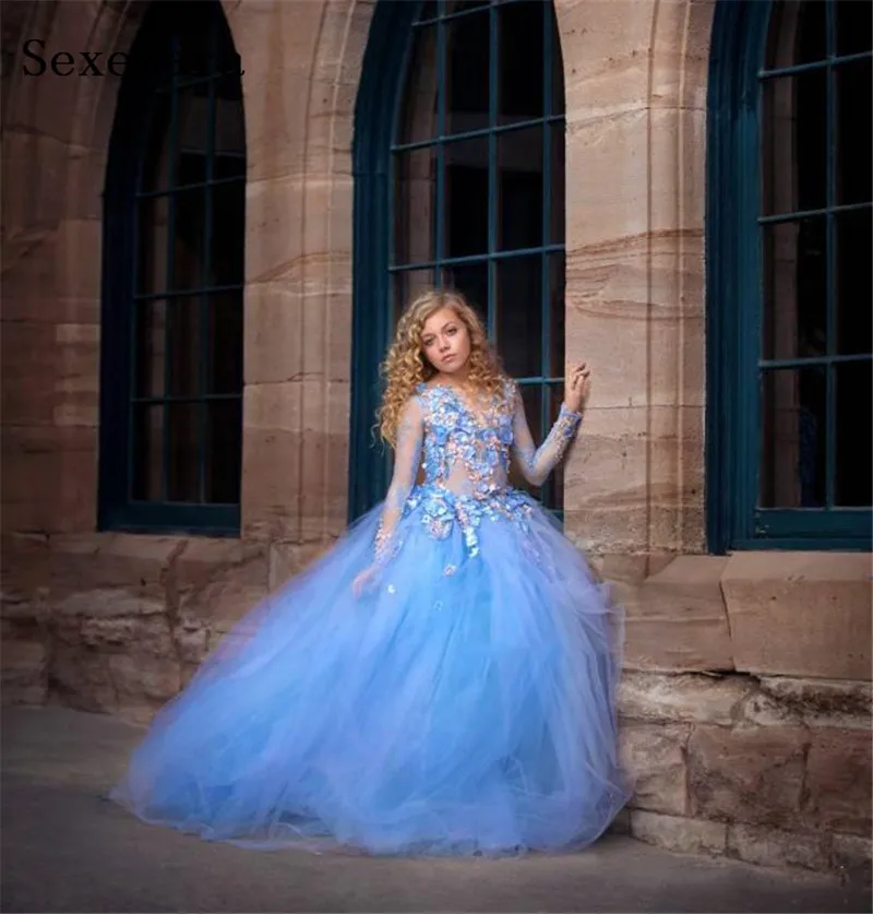Blue Princess Flowers Girls Dresses For Wedding Long Sleeve Appliques Beads Ball Gown Kids Pageant Gowns First Communion Dress | Детская