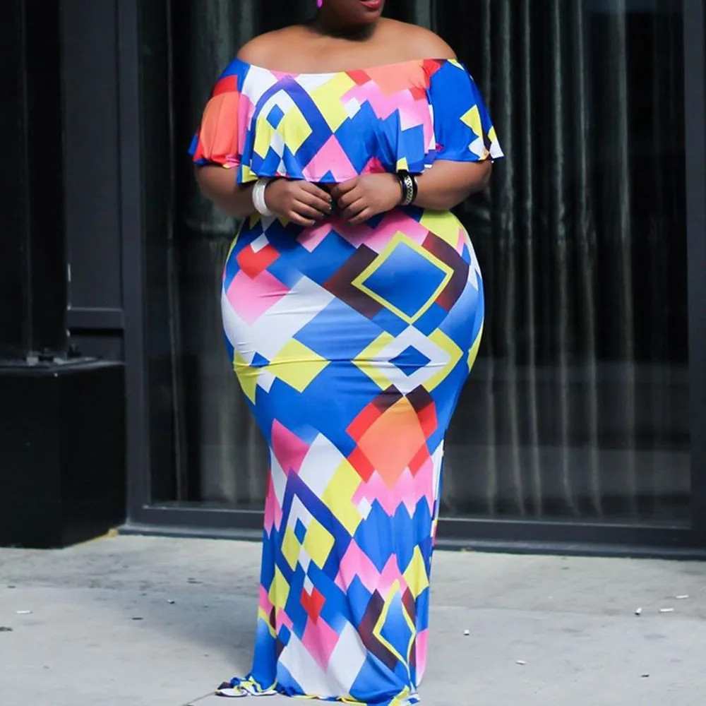 Женские вечерние платья больших размеров летние синего цвета с оборками и