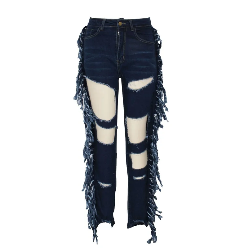 

Side Tassel Women Slim Denim Long Pants Hollow Cut Out Jeans Trousers For Women Knee Big Hole Pencil Pants Capris