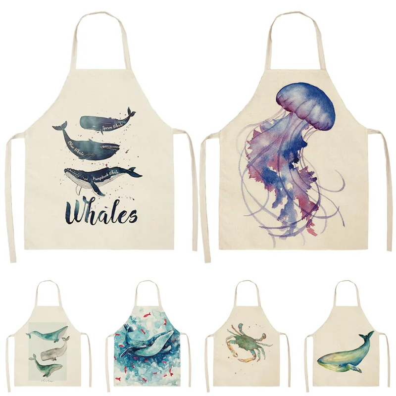 

Ocean animal whale Jellyfish Pattern Cleaning Aprons Home Cooking Kitchen Apron Cook Wear Cotton Linen Adult Bibs 53*65cm WQ0175