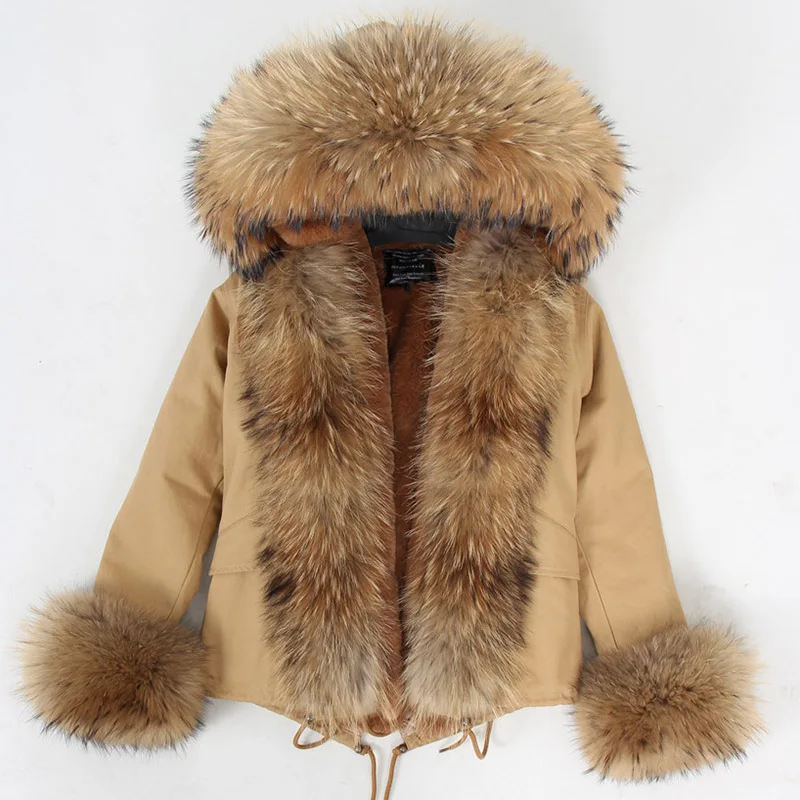 

khaki short color Parka Winter Jacket Women Parkas Real Fur Coat Natural Raccoon Fur Hood Artificial Fur Liner Luxury