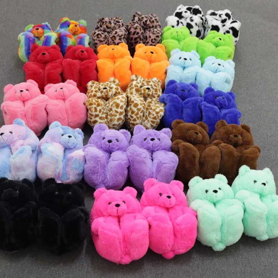 Cute Animal Teddy Shoes For Winter House 2022 Warm Cold-resistant Women's Fluffy Slippers Girls Chunky Warm Teddy Bear Slippers