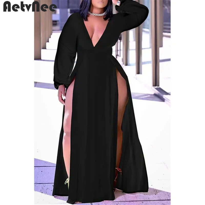 

AetvNee Plus Size Maxi Dress Women Sexy Vestidos 2021 Fall Full Sleeve V-Neck High Splited Loose Long Dress Party Club Clothing