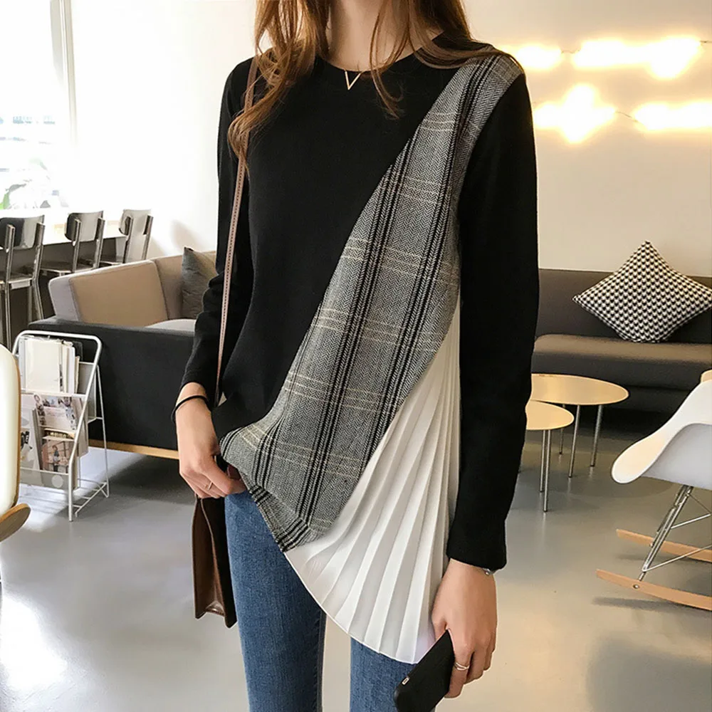 Женская футболка в клетку Корейском стиле черная Весенняя с длинным рукавом