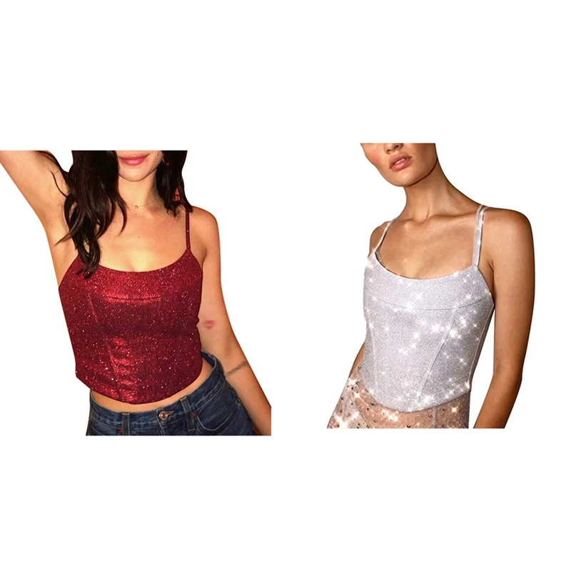 

2 Pcs Sparkly Corset Top Cami Indie Aesthetic Clothes Sexy Bustier Tank Tops T-Shirt L,Red & Silver
