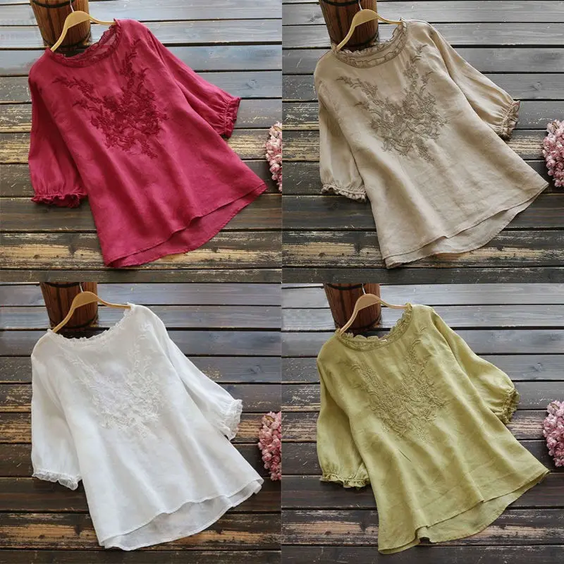 

Blouse Women Plus size Ruffle Cotton Ladies Embroidered Top Blouse Summer shirts Puff sleeve Casual