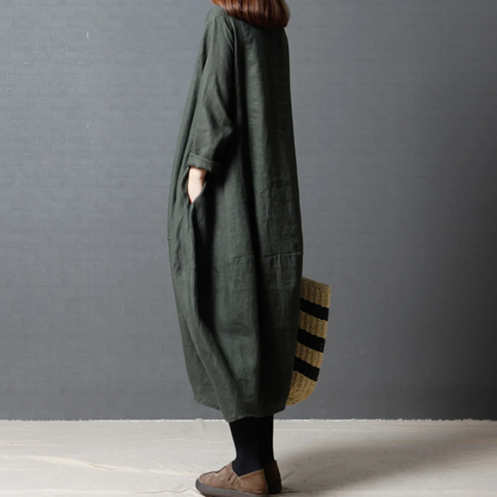 Хлопковые льняные миди платья в японском стиле свободного размера плюс