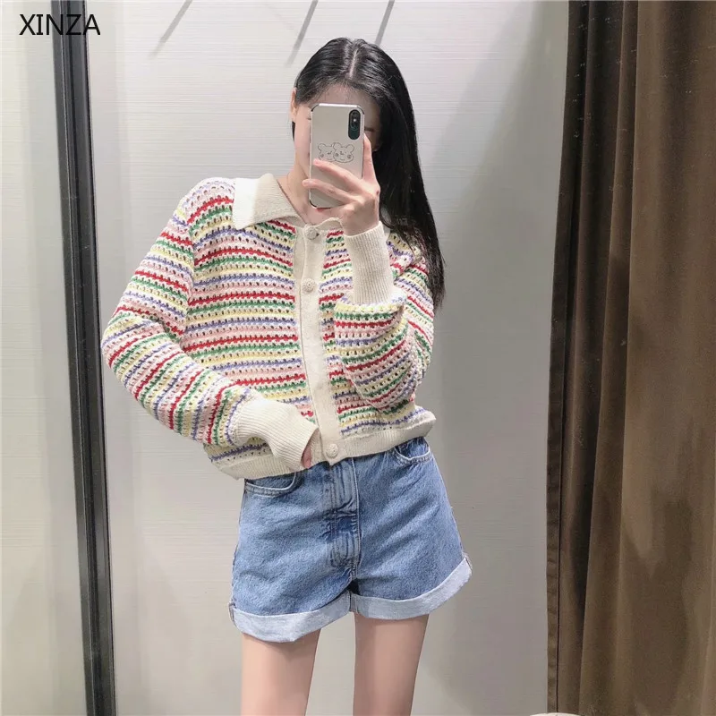 

Za 2021 Women Striped Knit Cardigan Sweater Long Sleeve Elegant Spring Knitted Top Female Chic Front Button Vintage Sweaters
